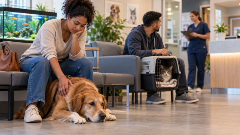Emergency vet services for pet food poisoning-lady-sitting-with-dog-waiting-to-seen-vet-waiting-room - ASCG Visionary Publications