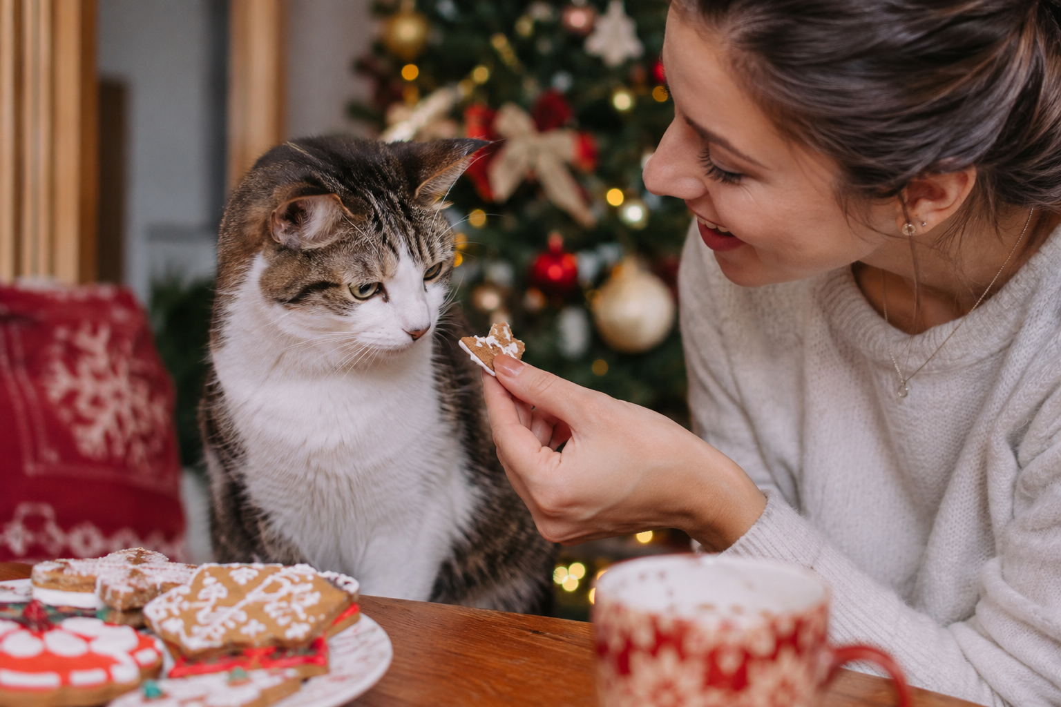 lady giving a cat a piece of holiday cookie | ASCG visionary publications